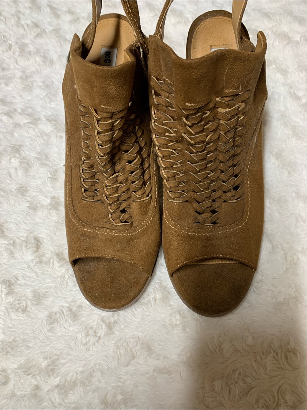 Not Rated Brand Tan Suede Woven Peep-Toe Slingback Mules
